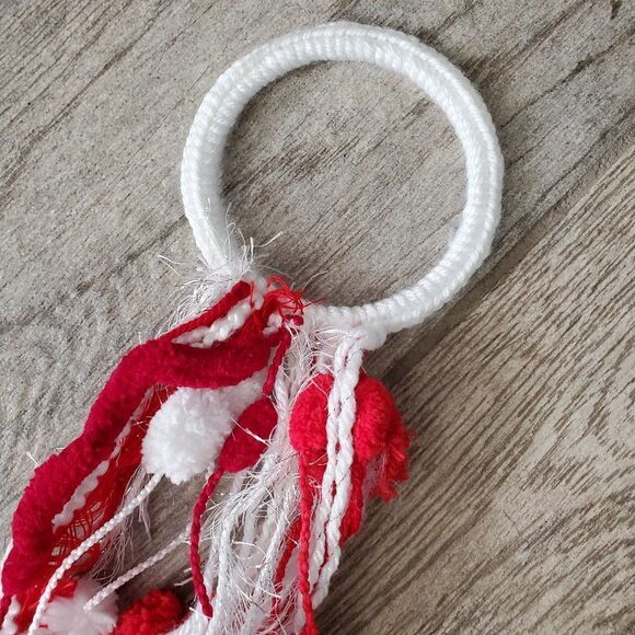 Hand Crafted Boho Wall Hanging Decor or Scarves Red White and Silver set of 4 - Picture 13 of 14